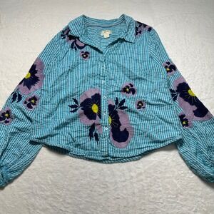 Anthropologie Striped Embroidered Floral Blouse Balloon Sleeve Mave Size Medium